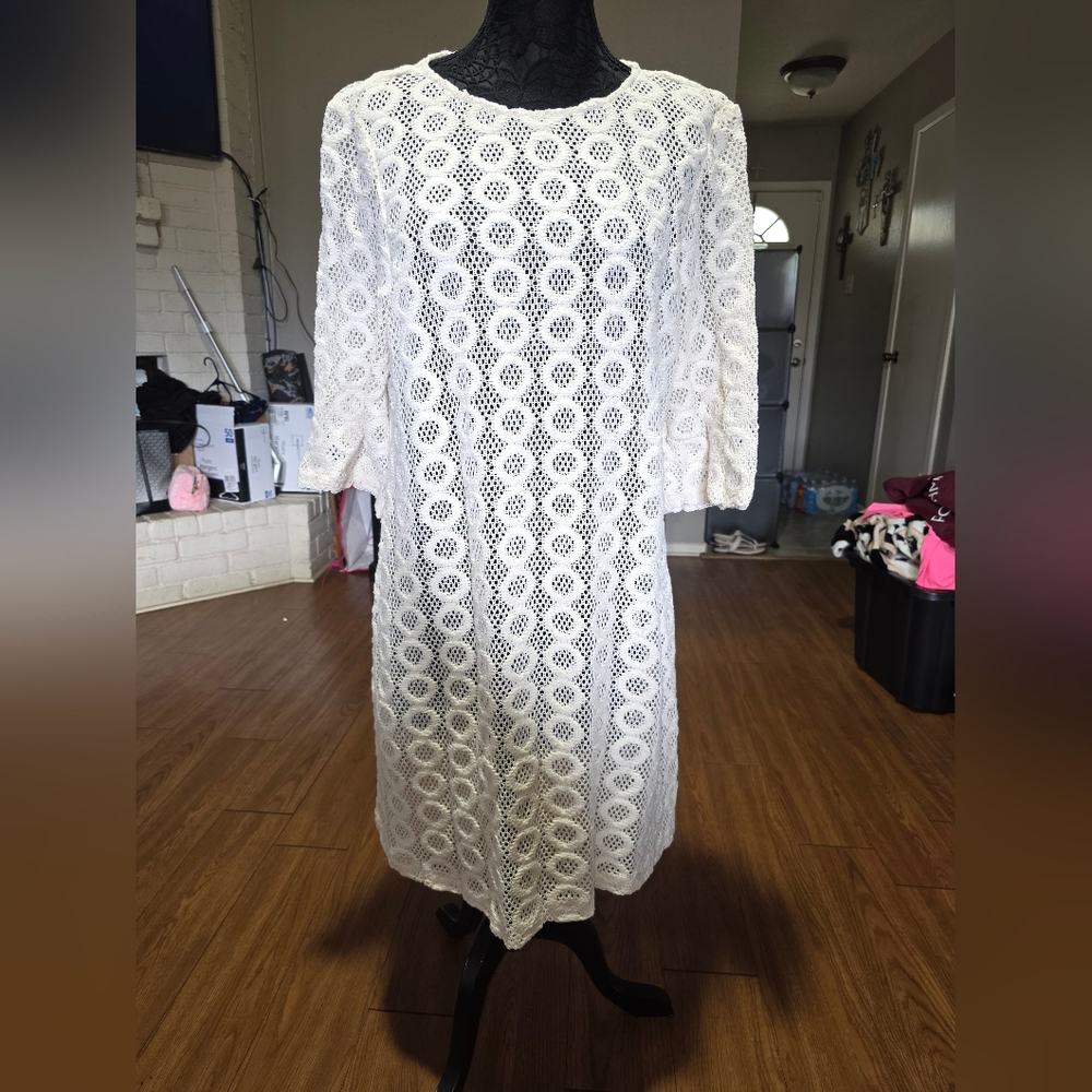 Chico's Elegant White Crochet Long Sleeve Dress